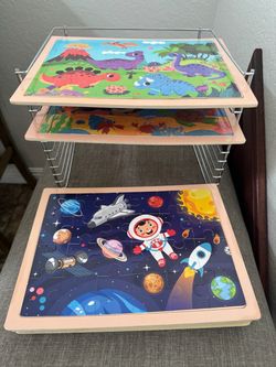 Kids Wooden Jigsaw Puzzle Set with Storage Rack