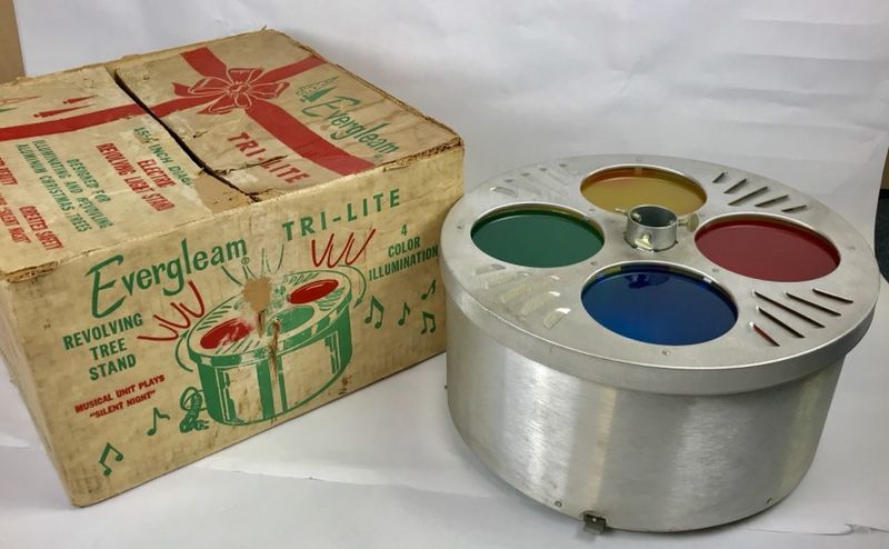 Vintage Evergleam Tri-Lite Revolving 4 Color Aluminum Christmas Tree Stand