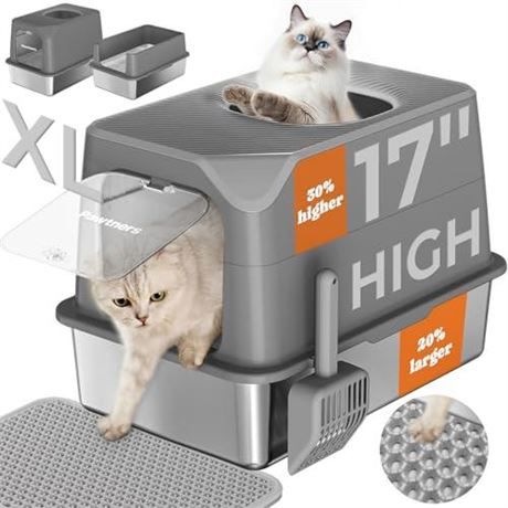 Stainless Steel Cat Litter Box, XL Extra Large Enclosed Kitty Litter Pan, Front Entry Top Exit Hooded Metal Cat Toilet for Odor Control with Removable