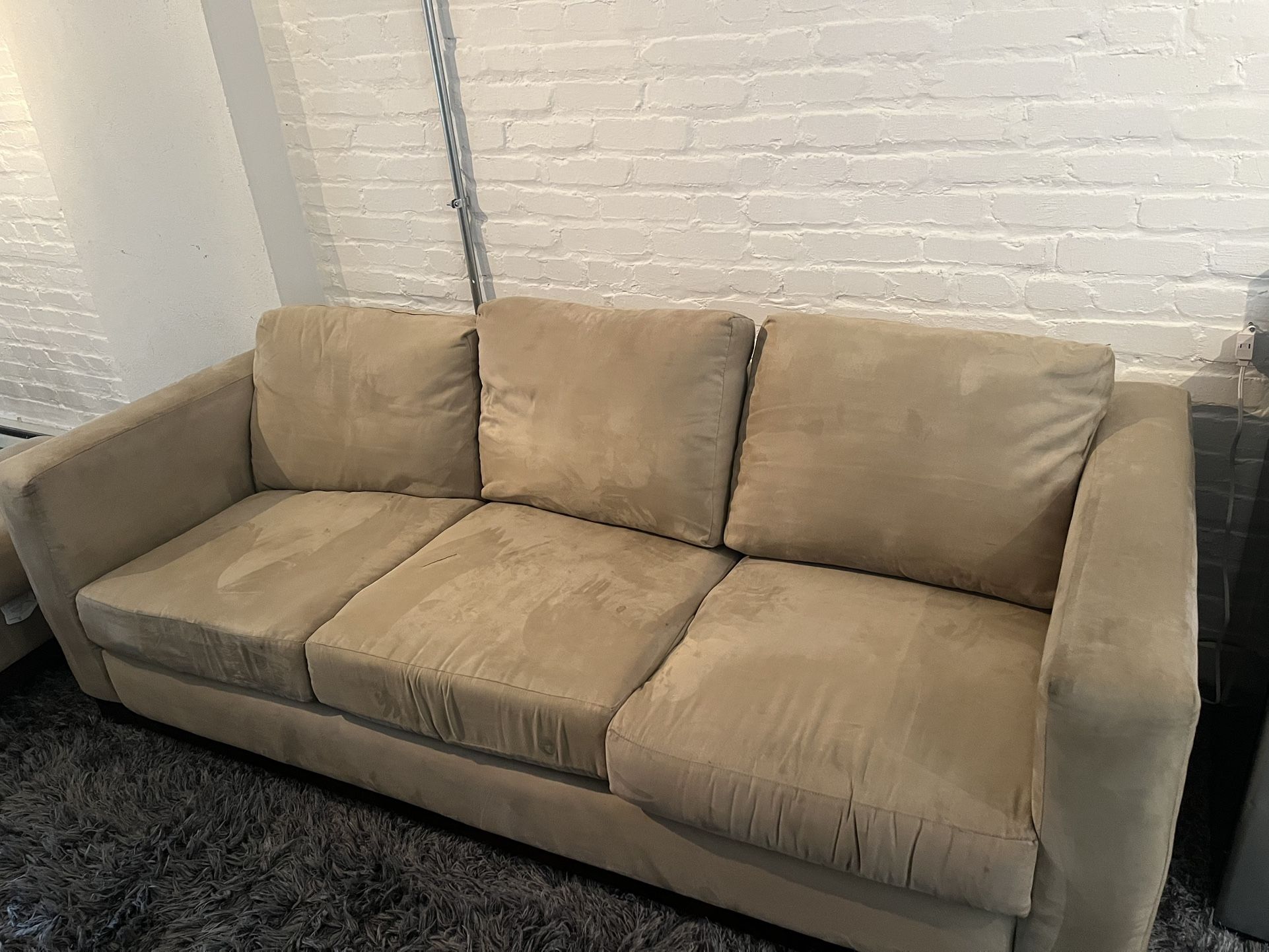 Comfy Beige Couch + Ottoman โ Priced to Sell! $60 OBO