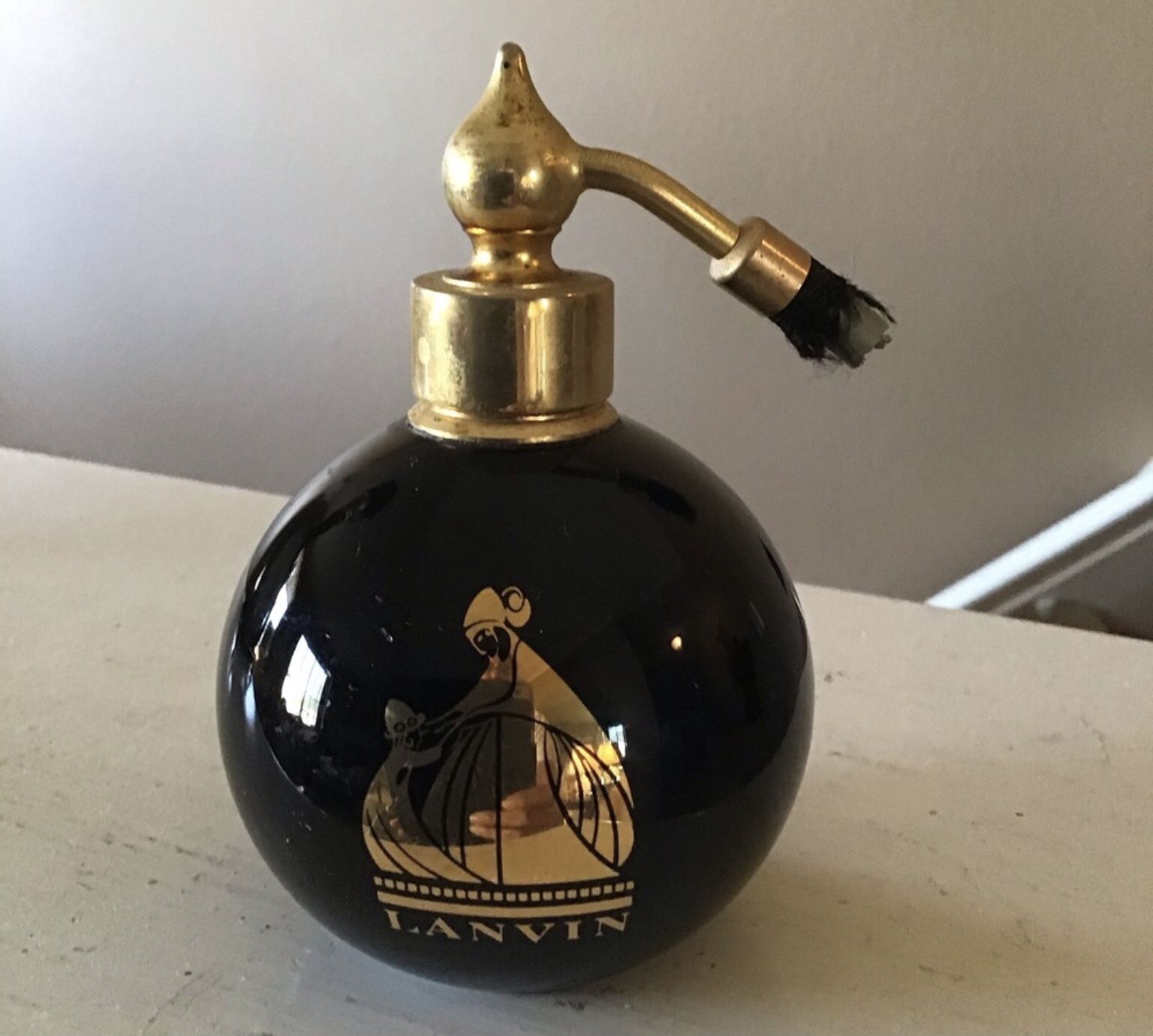 Vintage Collectible Lanvin Round Black Glass Perfume Bottle