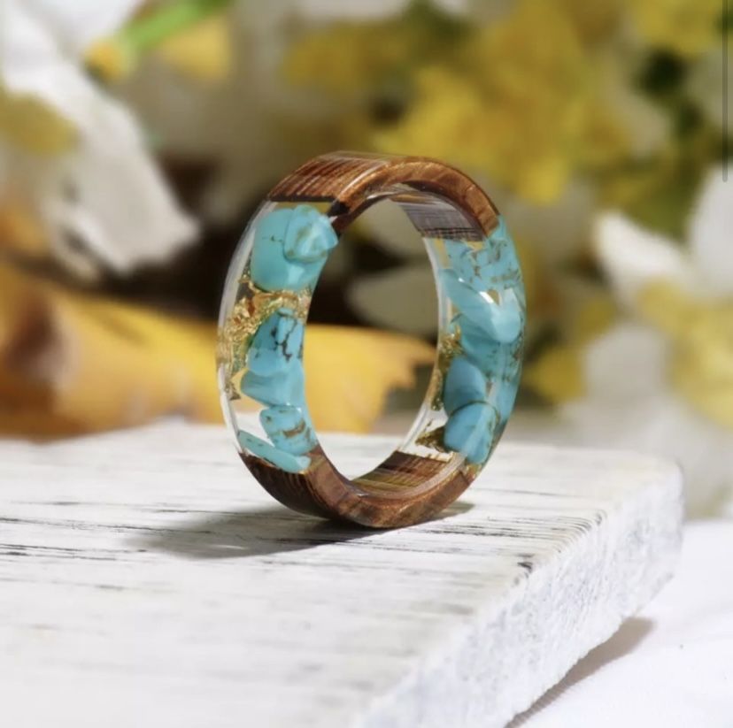 Wood Grain Blue Stone Resin Ring Sz 7, 8.5