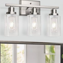 Bathroom Vanity Light Fixtures, 3 Light Wall Sconces Lighting with Clear Glass Shade, Brushed Nickel Wall Lights for Mirror, Kitchen, Living Room, Gal