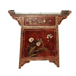Vintage Chinese Red Lacquer Altar Cabinet – Hand-Painted Gold Details