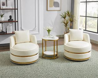 Set Of 2 - Beige PU Leather 360 Swivel Accent Chairs w/ Gold Trim [NEW] **Assembly Req** 