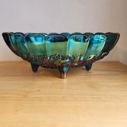 Vintage Glass Fruit Bowl Irredescent Carnival Blue Centerpiece