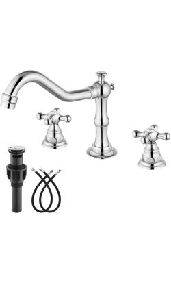 Bathroom Faucet 3 Hole 8 Inch Widespread Bathroom Sink Faucet 2 Cross Handles Vintage Lavatory Vanity Mixer Tap with Pop Up Drain, HOT Cold Label, Pol