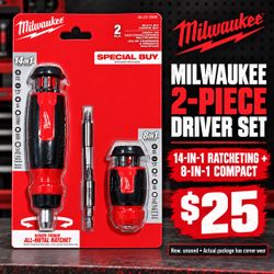 $25 New Milwaukee 14-in-1 Ratcheting & 8-in-1 Compact Multi-Bit Screwdriver Set