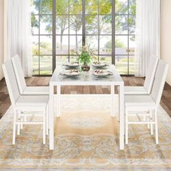 5-Piece Dinning Room Table Set, Glass Kitchen Table with 4 PU Leather Chairs, White Dining Kitchen Table Chairs Set of 4, for Kitchen Dining Room Brea