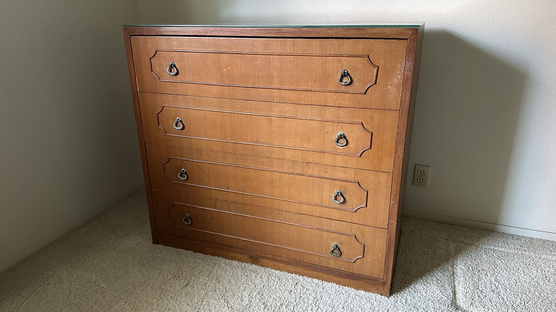 Solid Wood Dresser With Dovetail Drawers + Glass Top