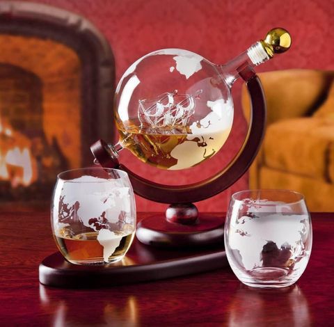 Whiskey Decanter Set w Globe Etched Glasses