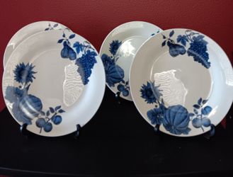 4 blue and white dinner plates