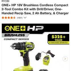 RYOBI ONE+ HP 18V Brushless Cordless Compact 2-Tool Combo Kit with Drill/Driver, One-Handed Recip Saw, 2 Ah Battery, & Charger