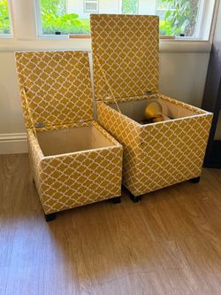 Set of 2 Yellow Fabric Storage Ottomans