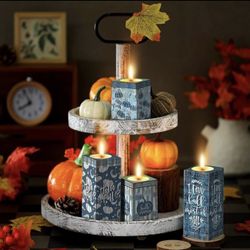 Set Of 4 Votive Tea Light Wooden Candle Holders Hello Fall