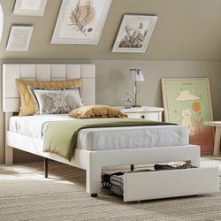 2/pcs Twin Bed Frame for Kids with Storage Drawer, Velvet Upholstered Headboard Twin Platform Bed Frame, Beige