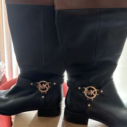 MICHAEL KORS Fulton Harness Tall Riding Boots Womens Black Leather w/ Brown 8M 