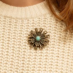 Vintage 1960s Brutalist Floral Brooch With Aqua Cabochon Center, 1.25”
