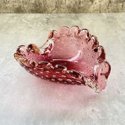 Vtg Murano Italian Red Glass Bowl Pulegoso Controlled Bubbles Hand Blown Heart