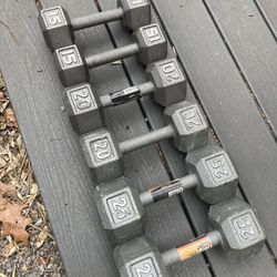 3 Pairs Of Steel Cast Iron Hex Dumbbells - 15’s, 20’s, 25’s
