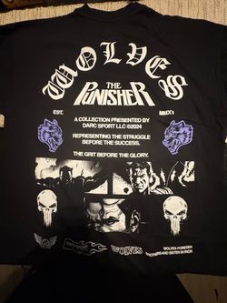 Medium Darc Sport The Punisher Wolves black t-shirt with white text and graphics including skulls and wolves #wolves #punisher