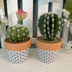Tier tray decor 2 faux mini cactus plants in pretty garden pots