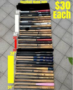 Wood baseball bats aso have lots of other baseball equipment available. Sizes are labeled in the pictures $30 each firm