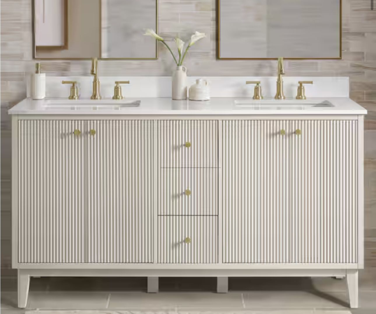 Sylvie 60 in. Double Sink Fluted Dove Bathroom Vanity with Volakas Engineered Stone Top (Assembled)