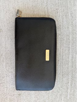 Furla Black Leather Zip Around Wallet Long Continental Gold Tone Logo
