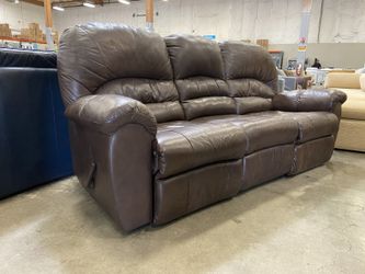 Chocolate Brown Plush Leather Sofa with Dual Recliners