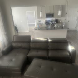 Modern Jade Leather Sectional + Storage Ottoman - Like New - Must Go!