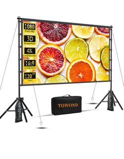 Outdoor Projector Screen with Stand, TOWOND 120 inch Portable Movie Screen, 16:9 HD Foldable Anti-Crease Projection Screen with Carry Bag for Home The