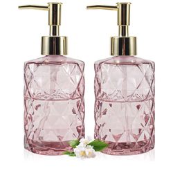 2 Pink & 3 Clear Glass Dispensers(soap,shampoo,conditioner,etc.) NEW. Retail: $50