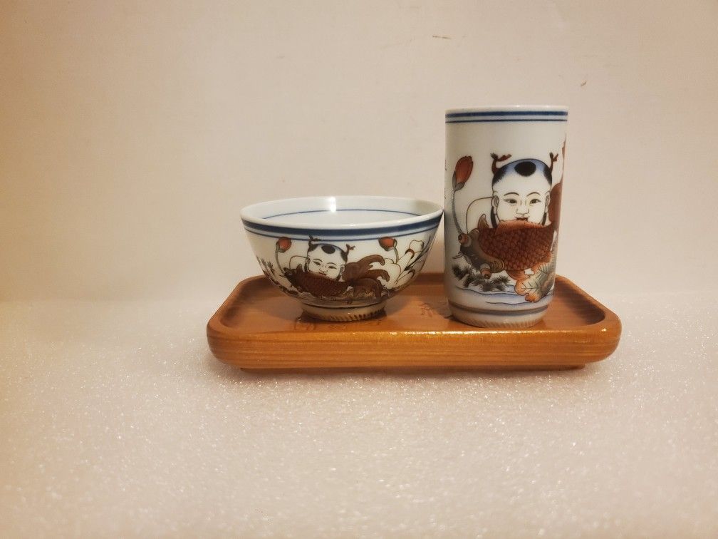 Japanese Antique Sake Tea Set With Traditional Serving Tray Cup Glass Porcelain