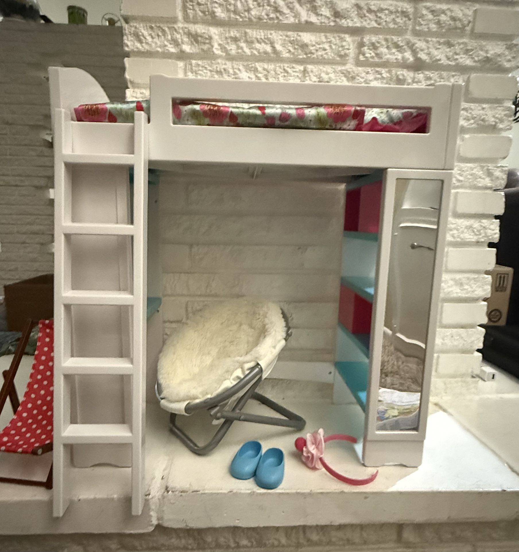 My Life As Plastic Loft Bed Play Set for 18" Dolls house Includes Bed, bed cover blanket and mattress, pillow, desk, ladder, shelves, 2 chairs, shoes,