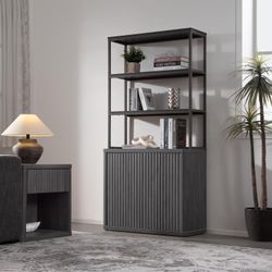SICOTAS Book Shelf Fluted Bookshelf 71" Tall Bookcase with Doors Storage 5 Tier Mid Century Modern Bookshelves Large Shelves Metal Book Cases for Livi