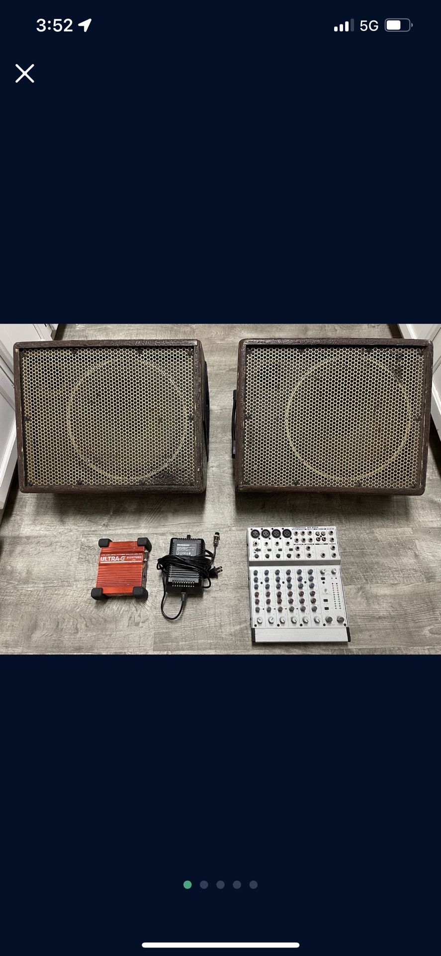 Floor Monitors, Mixing board, Direct Input box.