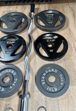 Olympic Equipment: Silver Curl Bar With Cooper Bearings & Weight Plates Pairs Of  35s, 25s And 10 Pounds   (Total: 160 lbs)