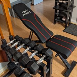 Rubberized Hex Dumbbells Weights Set with Rack and Adjustable Bench 