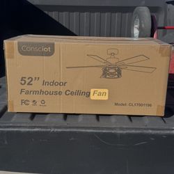 Consciot 52 Inch Ceiling Fans With Lights & Remote, Reversible Motor, Modern Farmhouse Caged Ceiling Fan, 5 Double Finish Wood Blades, Rustic Ceiling 
