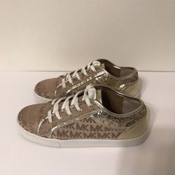 Michael Kors STARLA Gold Glitter and Tan Monogram Sneakers Youth Girls Size 4
