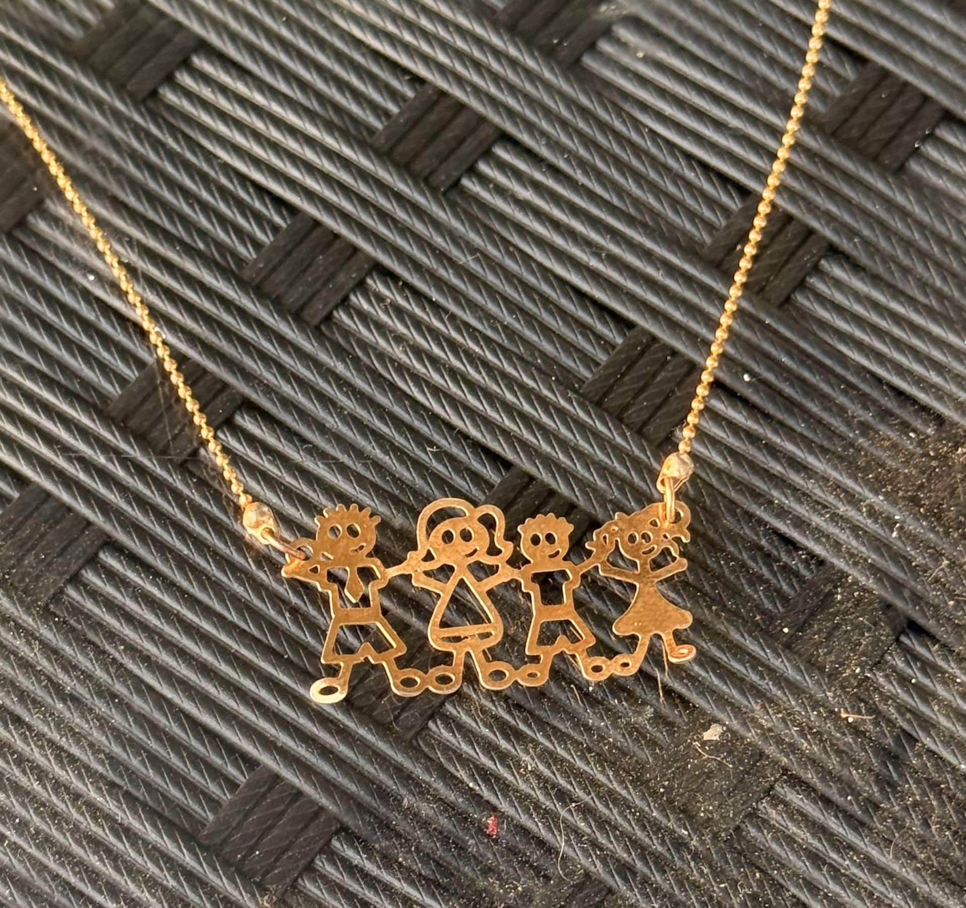 14k Yellow Gold Fancy Family Stick Figure with Dad, Mom, Son, Daughter and Pet Charm Pendant Necklace with 17" + 1" Chain