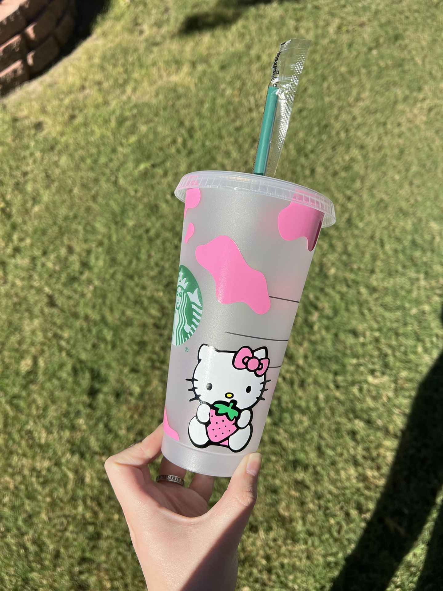 Pink Hello Kitty And Cow Print Starbucks Reusable Venti Cold Cup