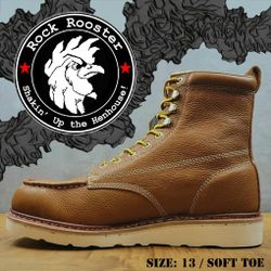 New ROCKROOSTER Moc-Toe, Oil Resistant Non-Slip , Soft Toe, Vibram Sole Wedge Work Boots Botas Size: 13 *FREE Pair of Socks! 