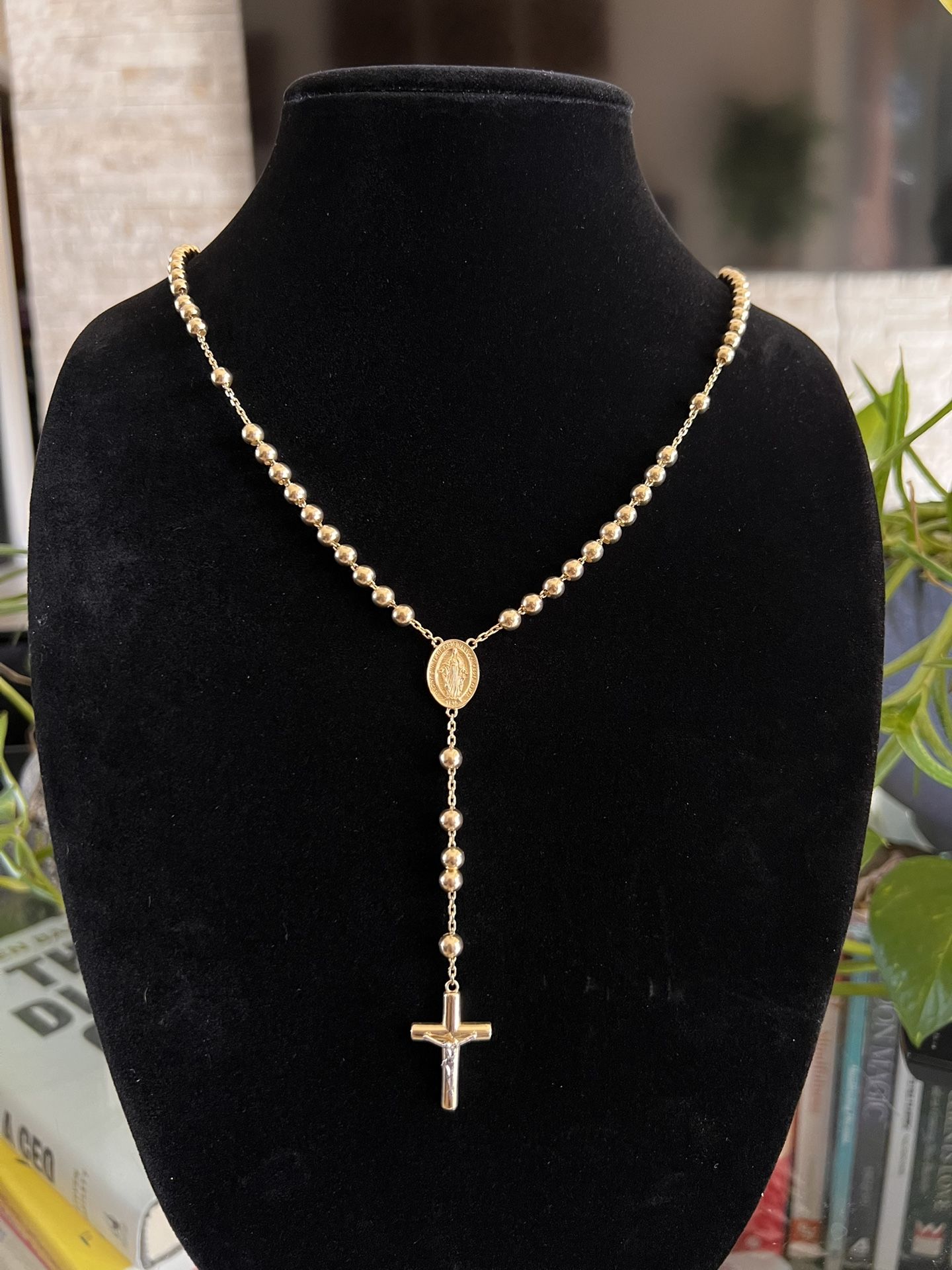 14K Solid Gold Rosary Bead Necklace Virgin Mary & Jesus Cross
