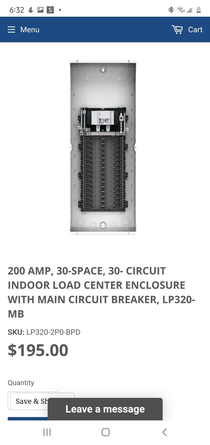 200 AMP 30 SPACE 30 CIRCUIT INDOOR LOAD CENTER ENCLOSURE WITH MAIN CIRCUIT BREAKER LP320 MB