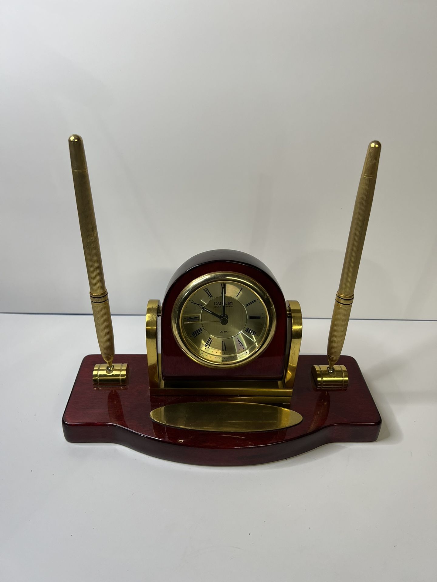 Vtg Danbury Clock Company Wood Desk Clock Double Pen Quartz New Battery Rare
