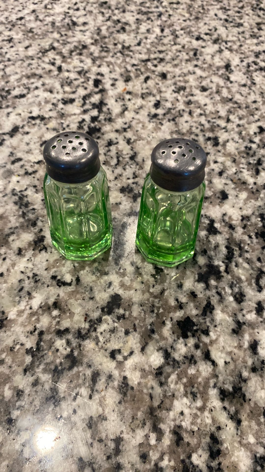 Vintage Salt Pepper Shakers Green Glass Metal Lid