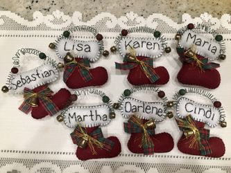 Personalized Christmas Socks. Handmade. One of a kind. Can be used as Tree ornaments and gift box topper. $6 each.