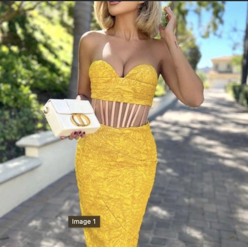 Yellow Sexy Sheath Midi Dress